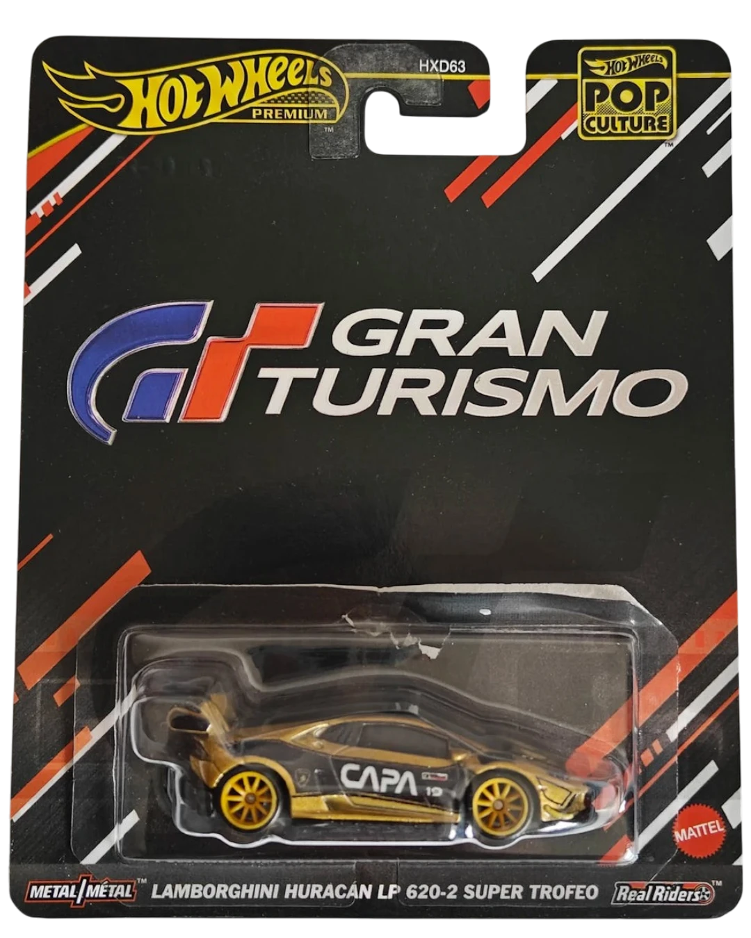 VaultifyUK Hot Wheels Premium Gran Turismo Lamborghini Huracán LP 620-2 Super Trofeo die-cast car in blister packaging.