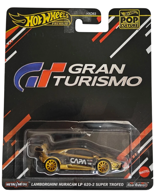 VaultifyUK Hot Wheels Premium Gran Turismo Lamborghini Huracán LP 620-2 Super Trofeo die-cast car in blister packaging.