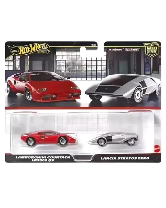 VaultifyUK Hot Wheels Premium 2-pack featuring a red Lamborghini Countach LP5000 QV and silver Lancia Stratos Zero.