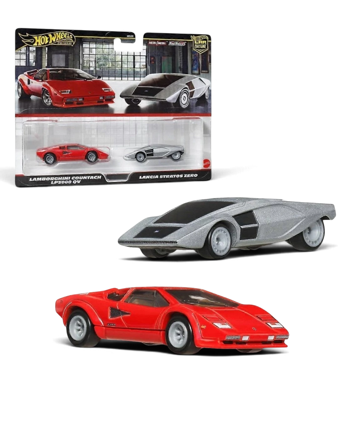 VaultifyUK Hot Wheels Premium 2-pack featuring a red Lamborghini Countach LP5000 QV and silver Lancia Stratos Zero