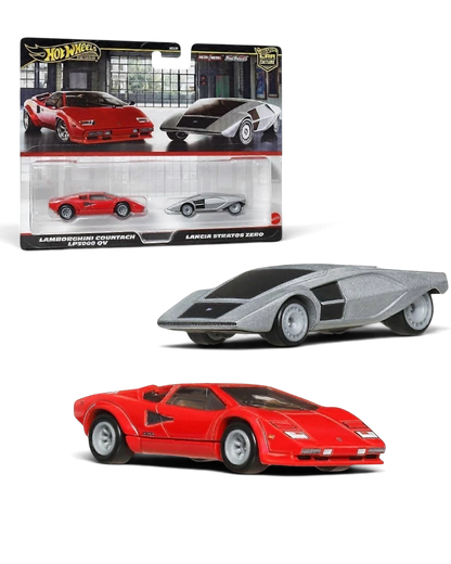 VaultifyUK Hot Wheels Premium 2-pack featuring a red Lamborghini Countach LP5000 QV and silver Lancia Stratos Zero