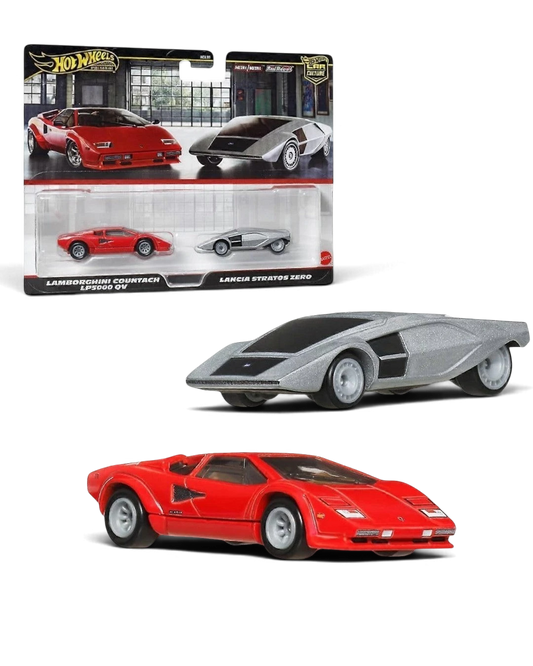 VaultifyUK Hot Wheels Premium 2-pack featuring a red Lamborghini Countach LP5000 QV and silver Lancia Stratos Zero