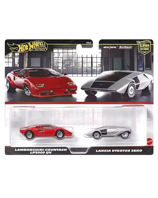 VaultifyUK Hot Wheels Premium 2-pack featuring a red Lamborghini Countach LP5000 QV and silver Lancia Stratos Zero.