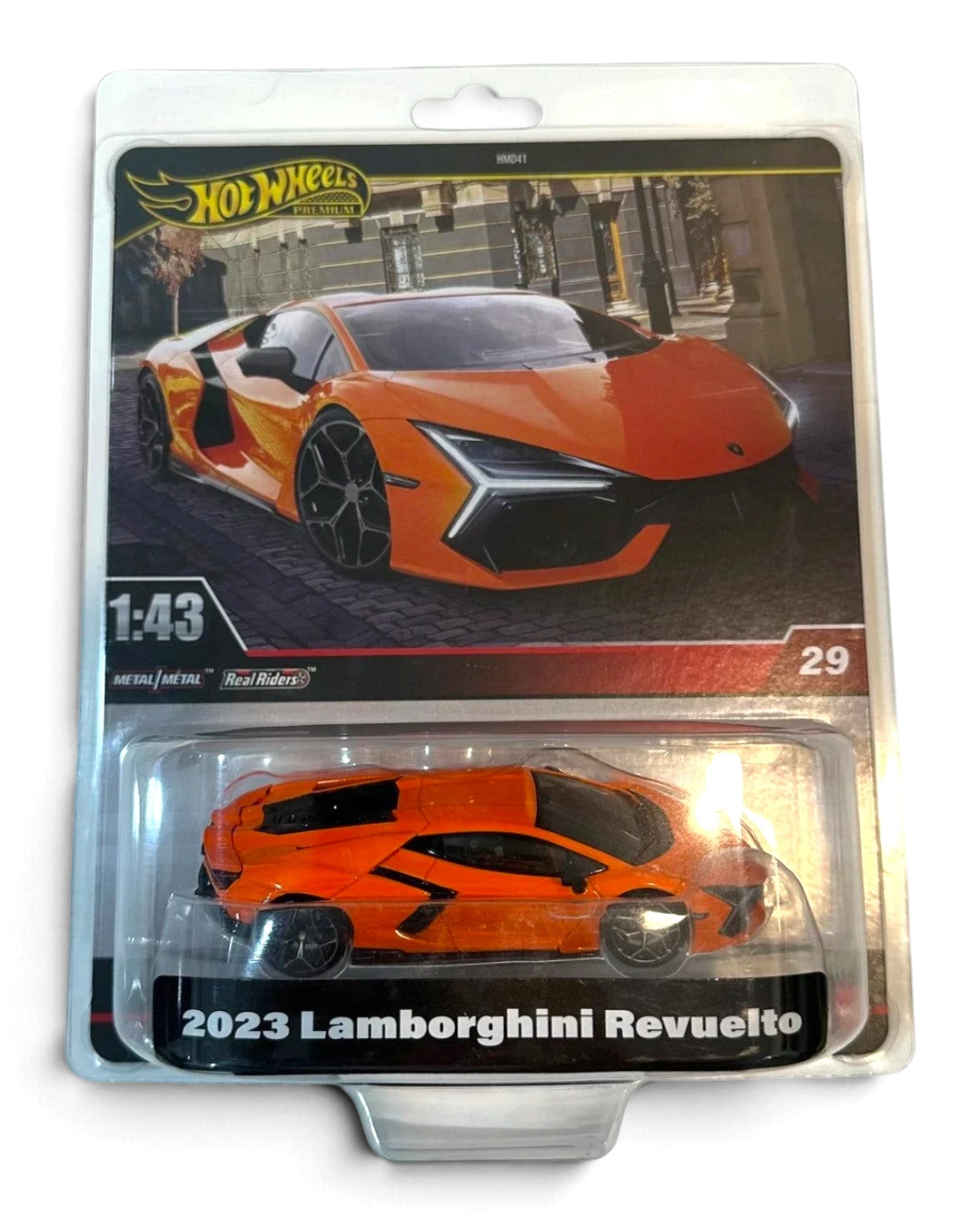 VaultifyUK Hot Wheels Premium 1:43 scale orange 2023 Lamborghini Revuelto die-cast car in original blister packaging.