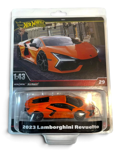 VaultifyUK Hot Wheels Premium 1:43 scale orange 2023 Lamborghini Revuelto die-cast car in original blister packaging.