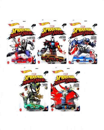 VaultifyUK Hot Wheels Marvel Spider-Man Maximum Venom die-cast car collection featuring five unique hero designs.