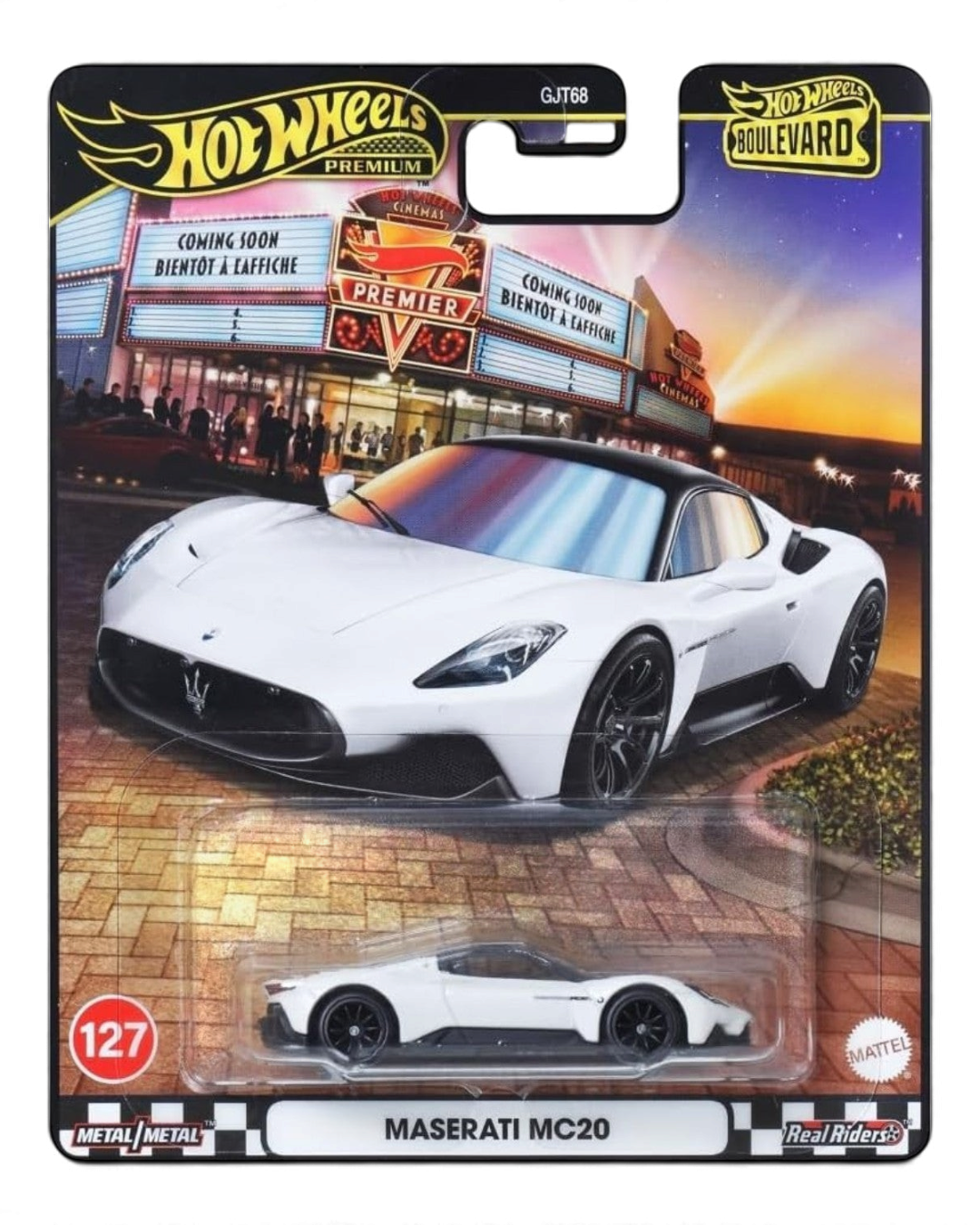 VaultifyUK Hot Wheels Premium Maserati MC20 die-cast car in white with black roof and wheels on cinema-themed card