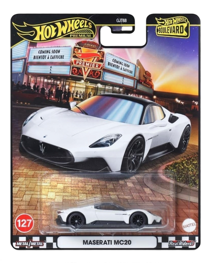 VaultifyUK Hot Wheels Premium Maserati MC20 die-cast car in white with black roof and wheels on cinema-themed card