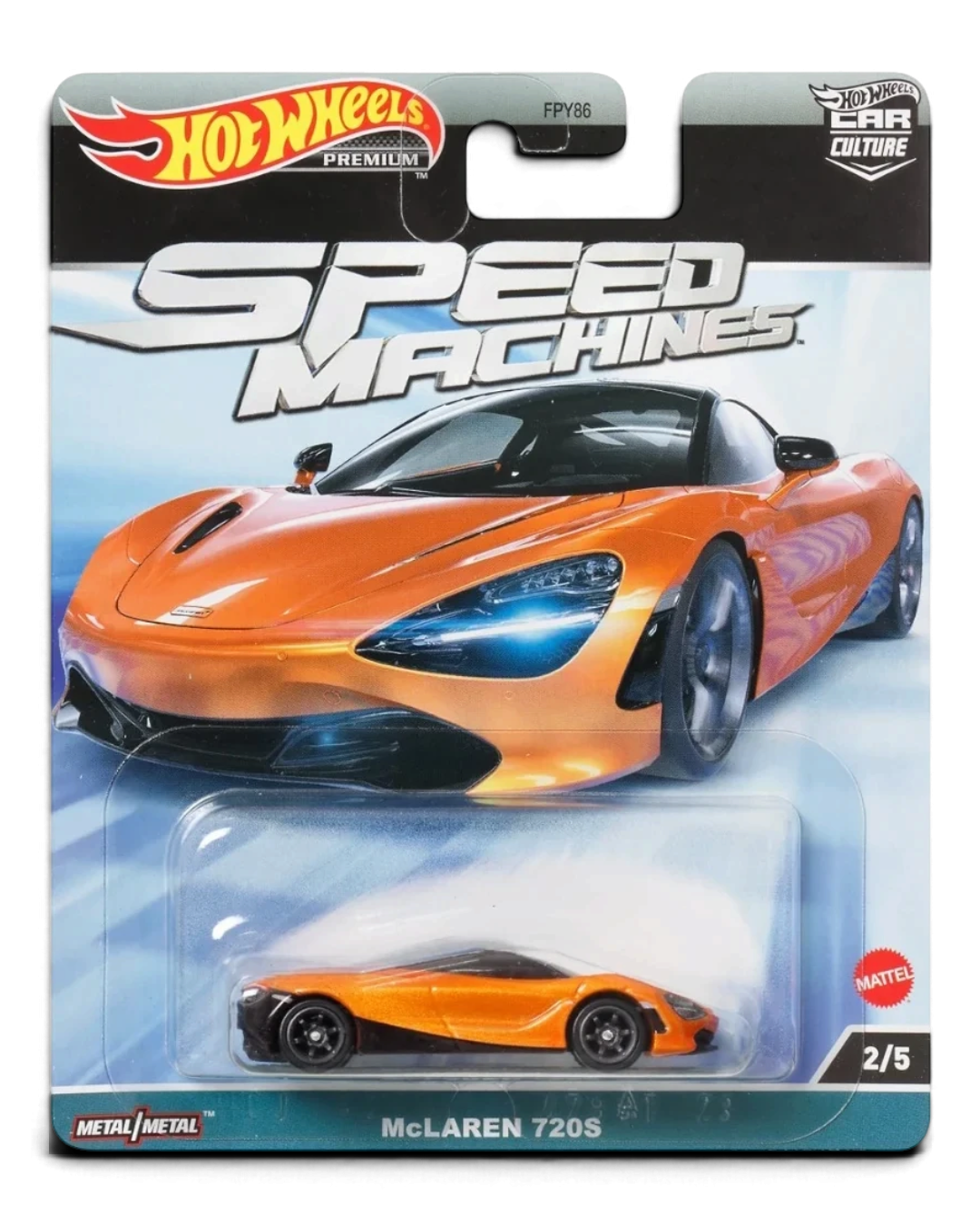 VaultifyUK Hot Wheels Premium McLaren 720S Speed Machines die-cast car in orange and black on blister card packaging.