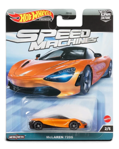 VaultifyUK Hot Wheels Premium McLaren 720S Speed Machines die-cast car in orange and black on blister card packaging.