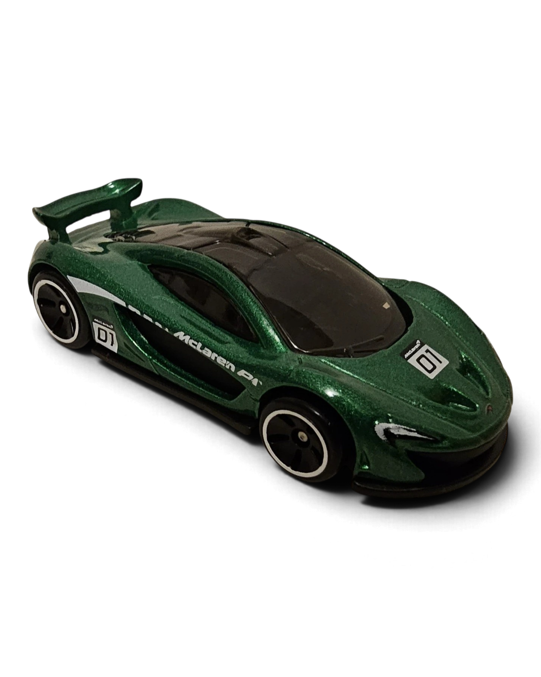 VaultifyUK Hot Wheels metallic green McLaren P1 die-cast car with white racing stripes and number 01 door decal