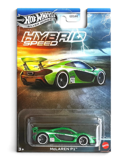 VaultifyUK Hot Wheels McLaren P1 metallic green die-cast car in Hybrid Speed Silver Series blister packaging