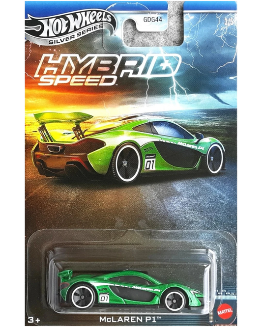 VaultifyUK Hot Wheels Silver Series McLaren P1 die-cast hybrid sports car in green, packaged in blister card.