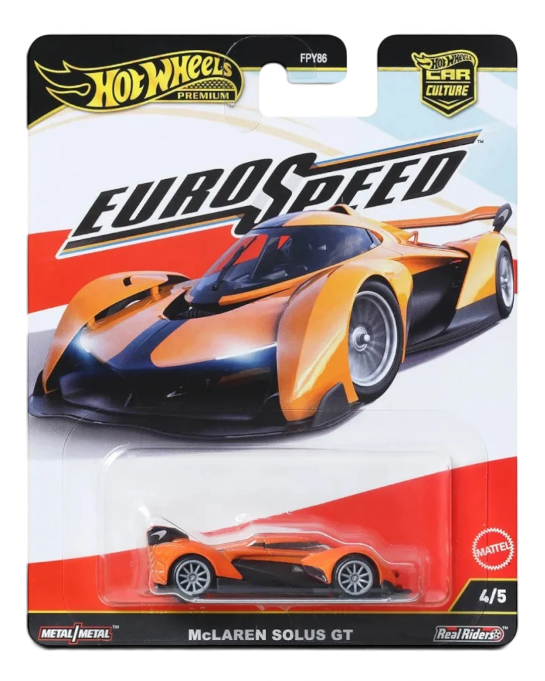 VaultifyUK Hot Wheels Premium McLaren Solus GT die-cast car in orange and black on EuroSpeed blister card packaging.