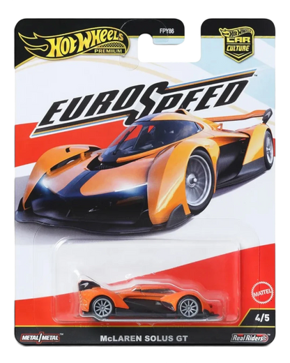 VaultifyUK Hot Wheels Premium McLaren Solus GT die-cast car in orange and black on EuroSpeed blister card packaging.