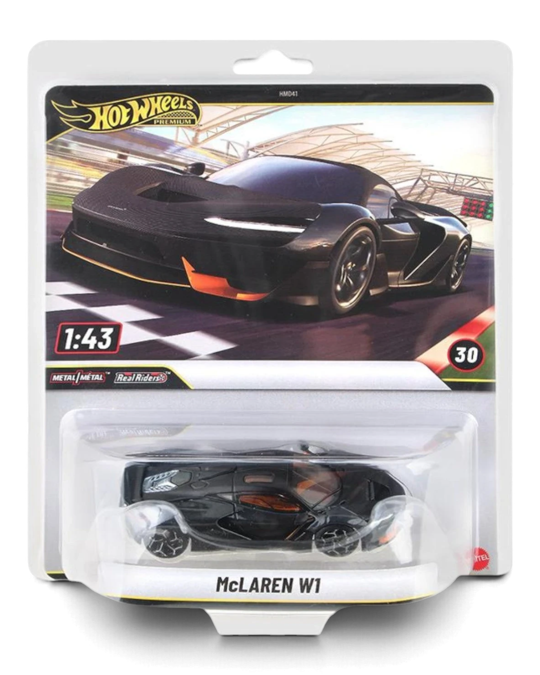 VaultifyUK Hot Wheels Premium 1:43 scale McLaren W1 die-cast car in dark graphite with orange accents in blister pack.