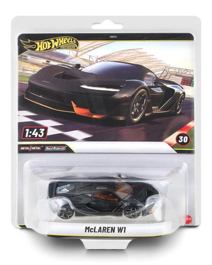 VaultifyUK Hot Wheels Premium 1:43 scale McLaren W1 die-cast car in dark graphite with orange accents in blister pack.
