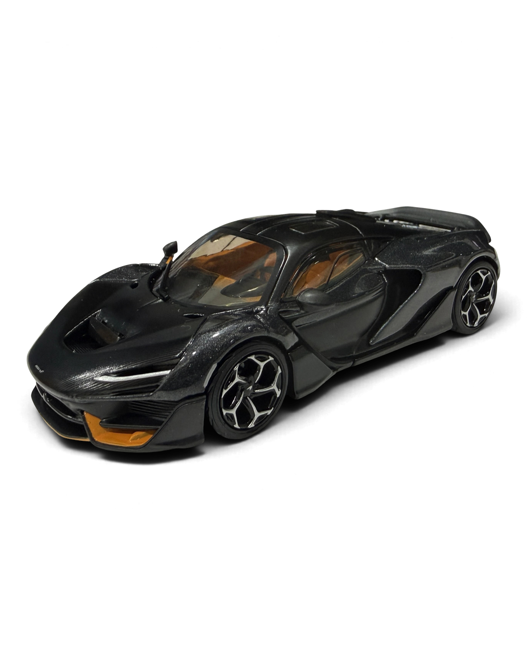 VaultifyUK Hot Wheels Premium 1:43 McLaren W1 die-cast hypercar in dark graphite with orange accents.