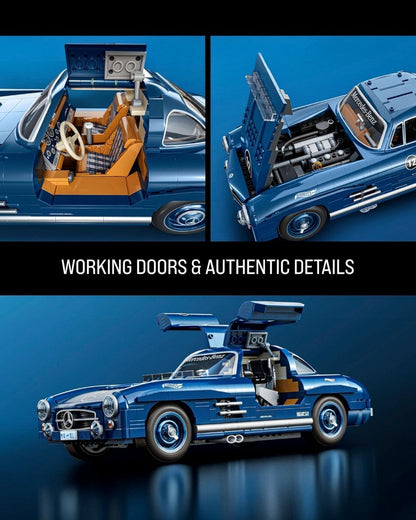 VaultifyUK Hot Wheels Mercedes-Benz 300 SL building set with opening gullwing doors, detailed engine, and tan interior.