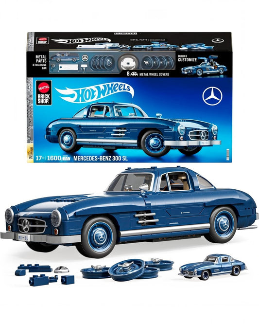 VaultifyUK Hot Wheels Mercedes-Benz 300 SL building set with blue model car, interchangeable wheels, and display box.
