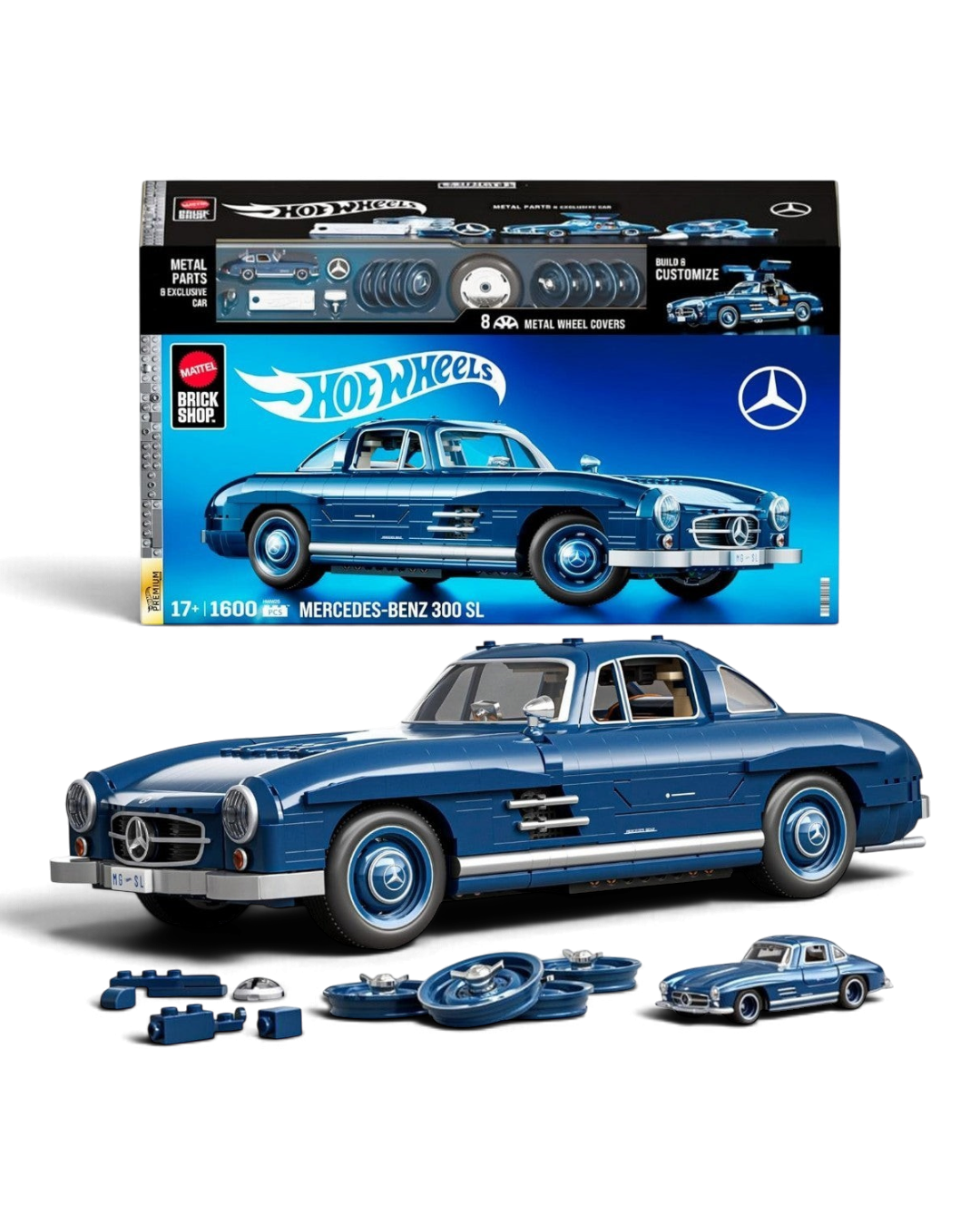 VaultifyUK Hot Wheels Mercedes-Benz 300 SL building set with blue model car, interchangeable wheels, and display box.