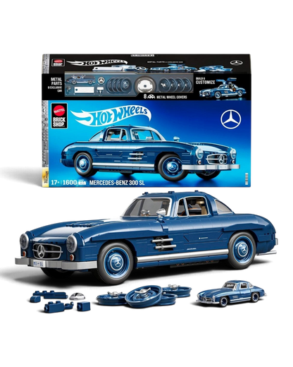 VaultifyUK Hot Wheels Mercedes-Benz 300 SL building set with blue model car, interchangeable wheels, and display box.