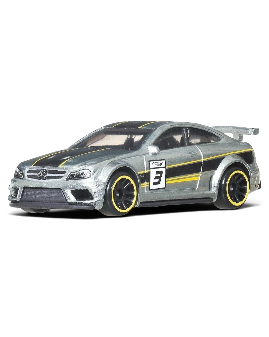 VaultifyUK Hot Wheels Mercedes-Benz C63 AMG Coupe die-cast car with raw metal Zamac finish and racing livery