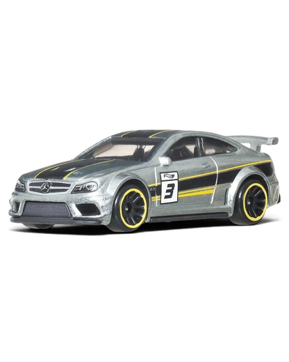 VaultifyUK Hot Wheels Mercedes-Benz C63 AMG Coupe die-cast car with raw metal Zamac finish and racing livery