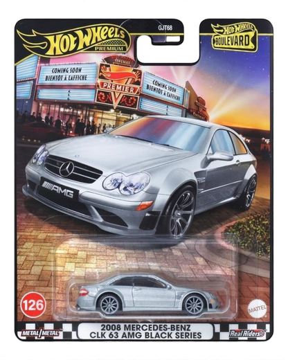 VaultifyUK Hot Wheels Premium 2008 Mercedes-Benz CLK 63 AMG Black Series die-cast car in silver with Real Riders tires.