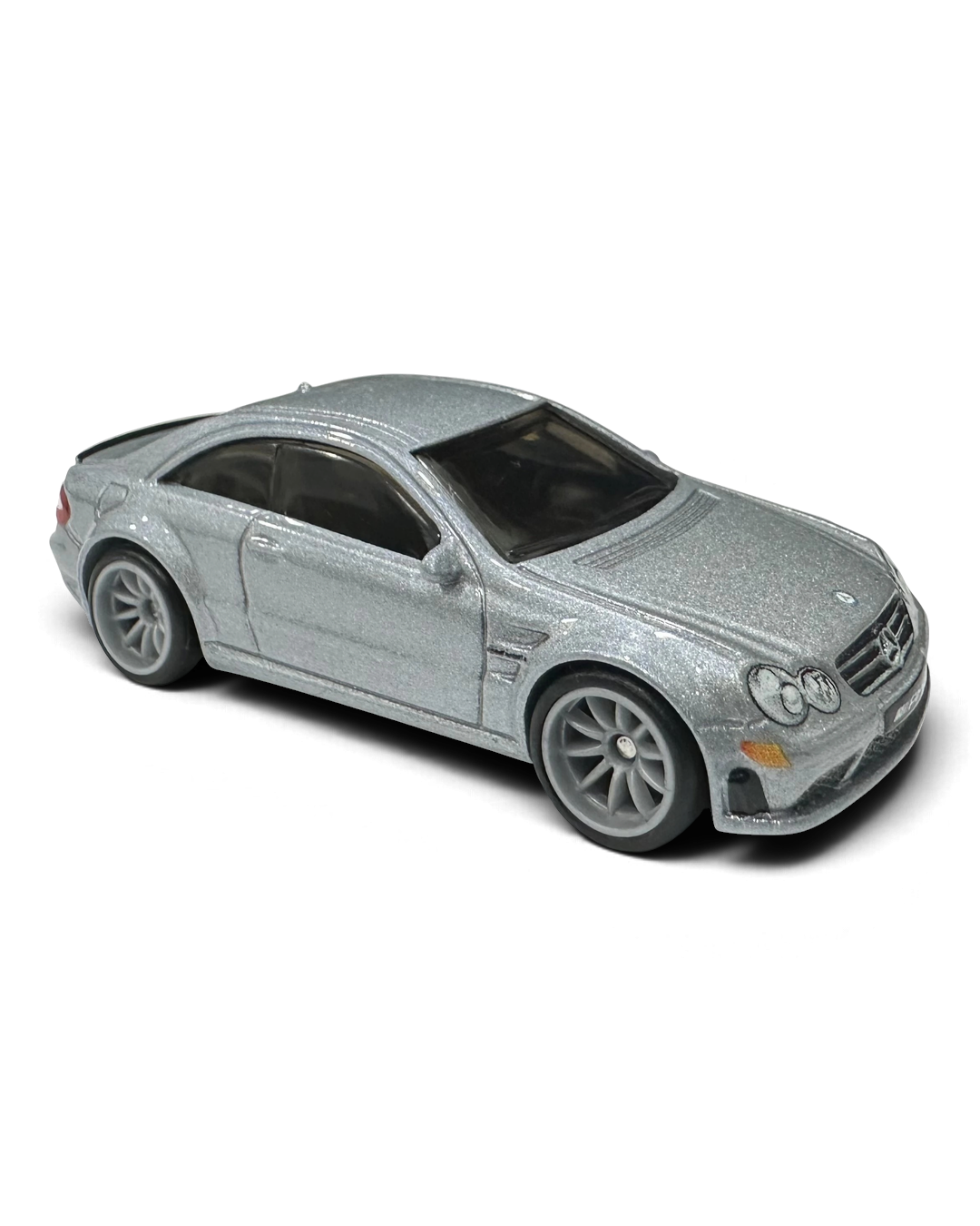 VaultifyUK Hot Wheels silver Mercedes-Benz CLK 63 AMG Black Series diecast car with multi-spoke wheels
