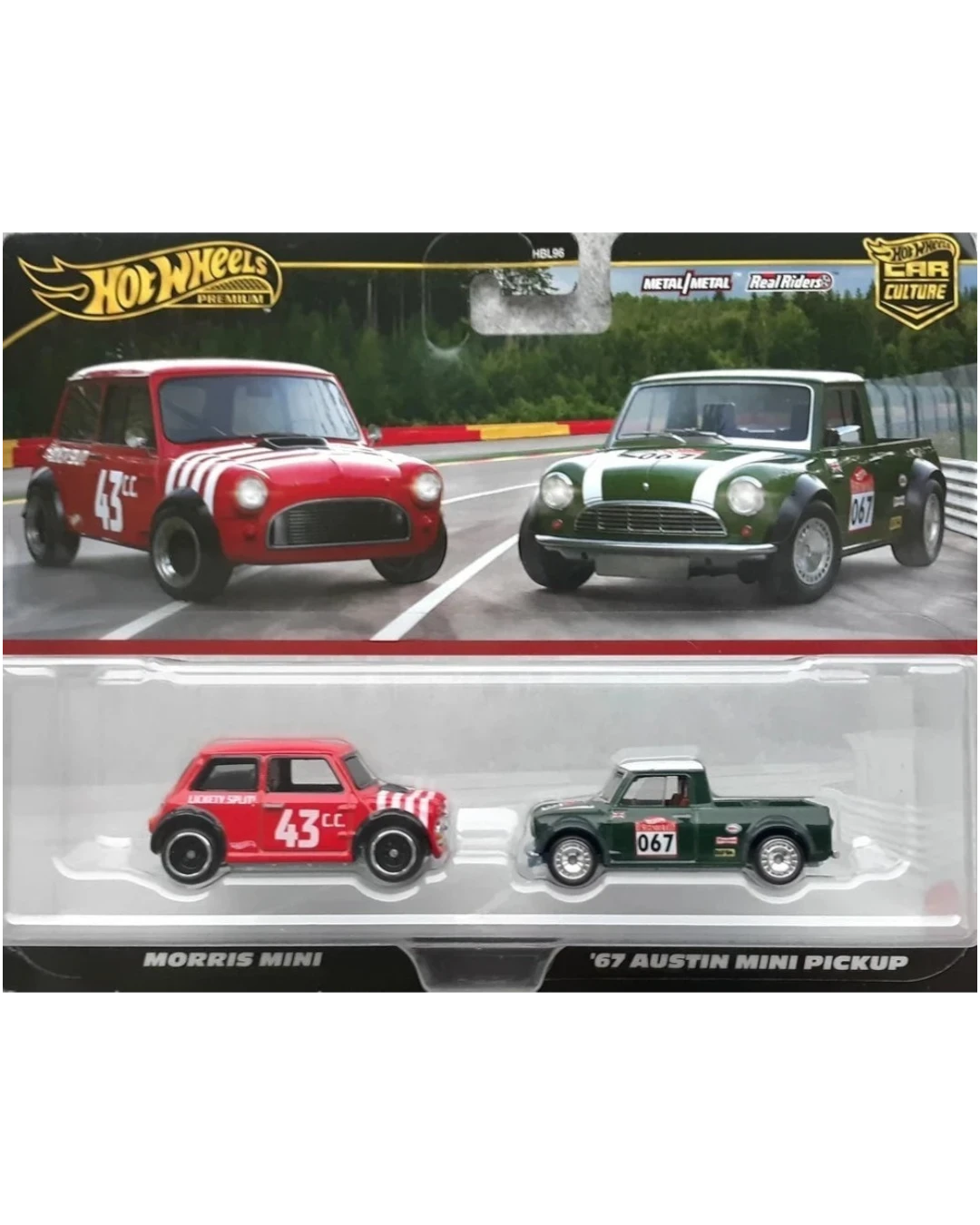 VaultifyUK Hot Wheels Premium Car Culture two-pack featuring a red Morris Mini and a green 67 Austin Mini Pickup
