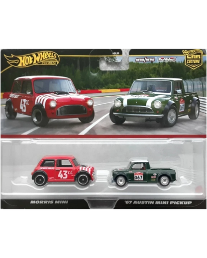 VaultifyUK Hot Wheels Premium Car Culture two-pack featuring a red Morris Mini and a green 67 Austin Mini Pickup