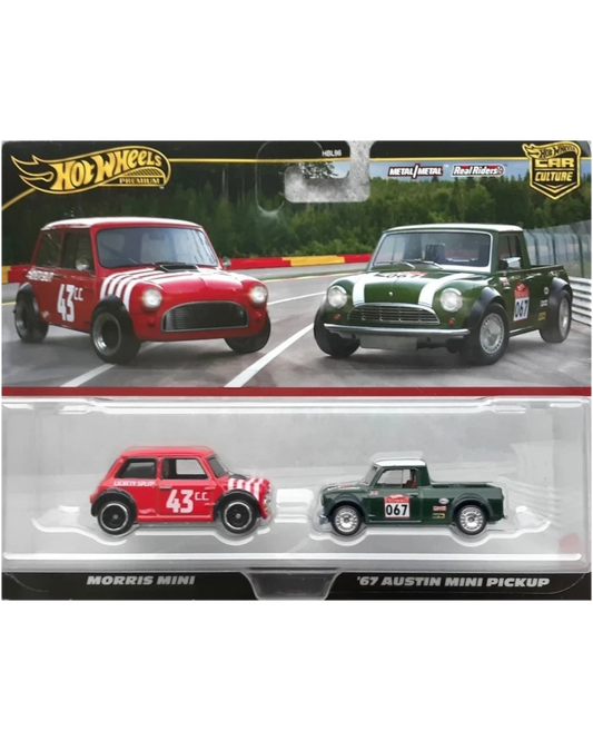 VaultifyUK Hot Wheels Premium Car Culture two-pack featuring a red Morris Mini and a green 67 Austin Mini Pickup
