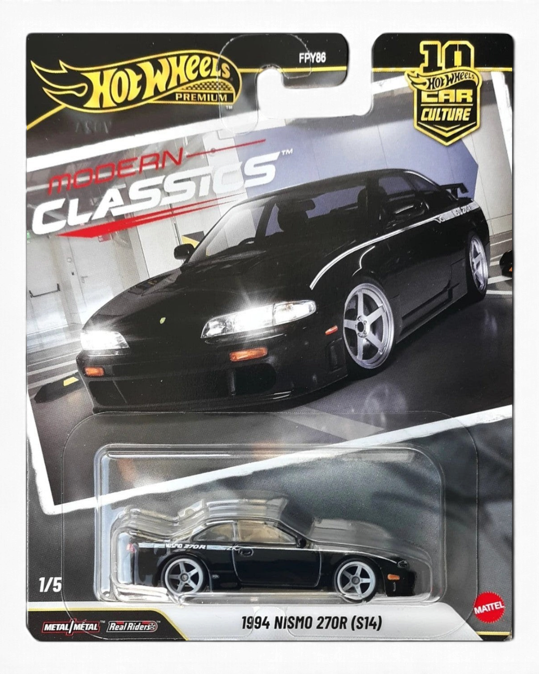 VaultifyUK Hot Wheels Premium 1994 NISMO 270R S14 die-cast car in black with silver wheels on blister card packaging.