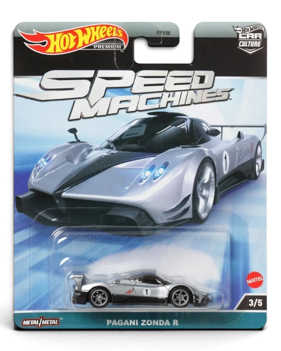 VaultifyUK Hot Wheels Premium Pagani Zonda R die-cast car in liquid silver with black accents on blister card packaging.