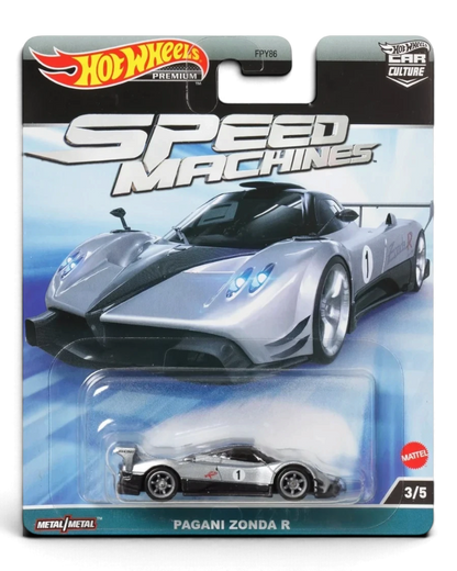 VaultifyUK Hot Wheels Premium Pagani Zonda R die-cast car in liquid silver with black accents on blister card packaging.
