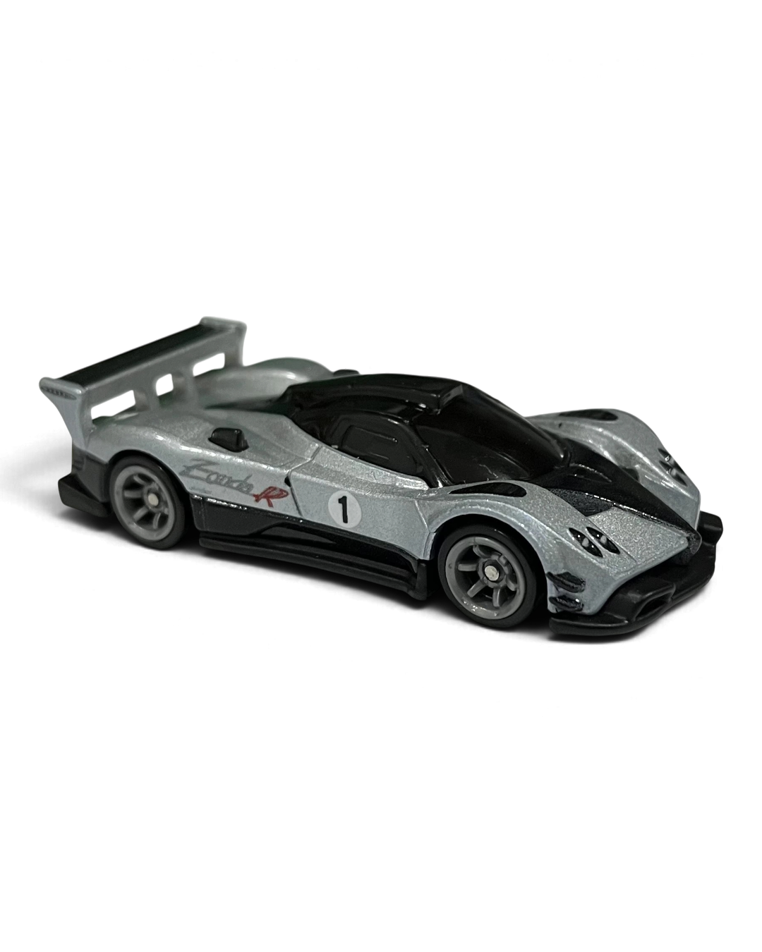VaultifyUK Hot Wheels Premium Pagani Zonda R in liquid silver and black with number 1 roundel and metal rear wing.