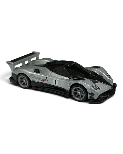 VaultifyUK Hot Wheels Premium Pagani Zonda R in liquid silver and black with number 1 roundel and metal rear wing.