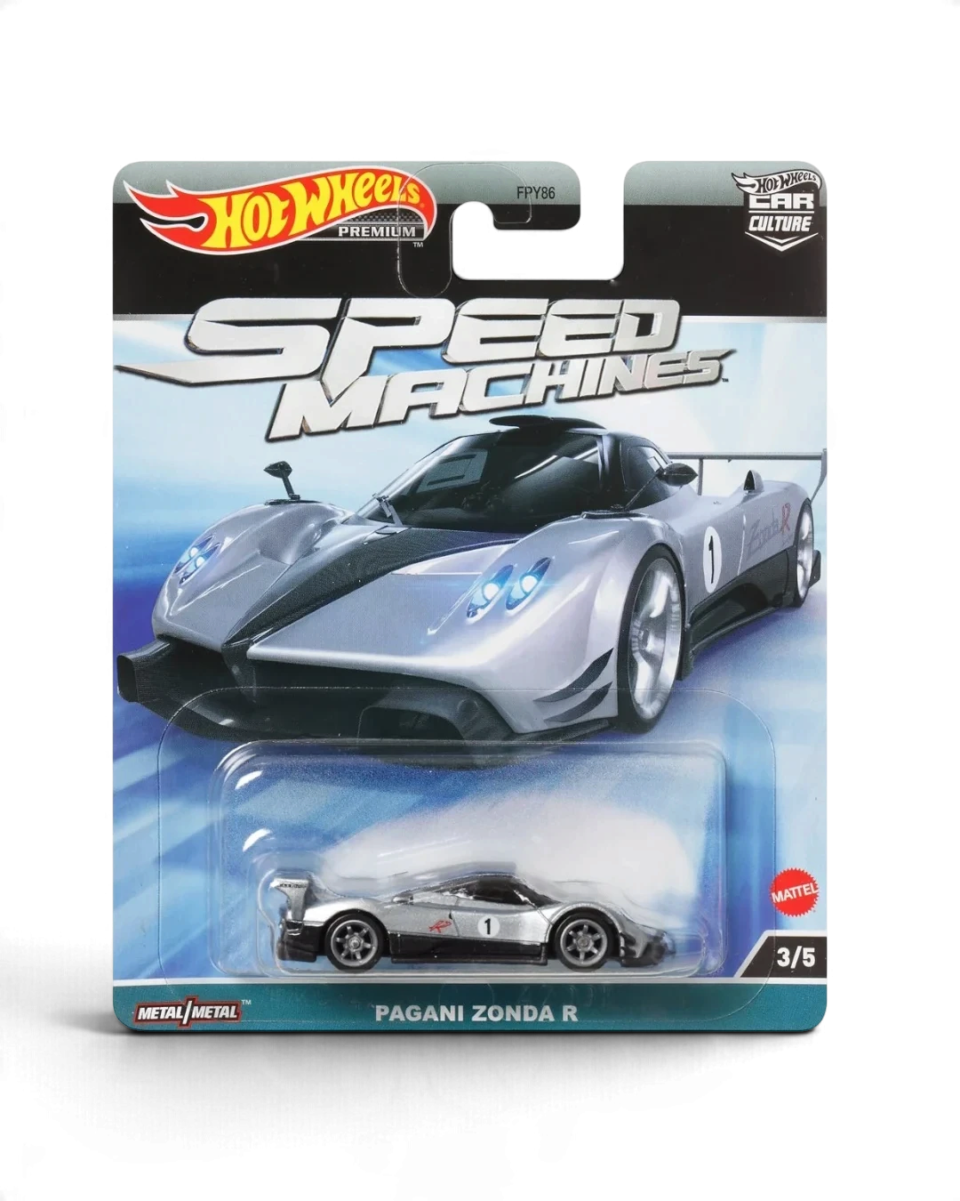 VaultifyUK Hot Wheels Premium Speed Machines Pagani Zonda R die-cast car in silver packaging