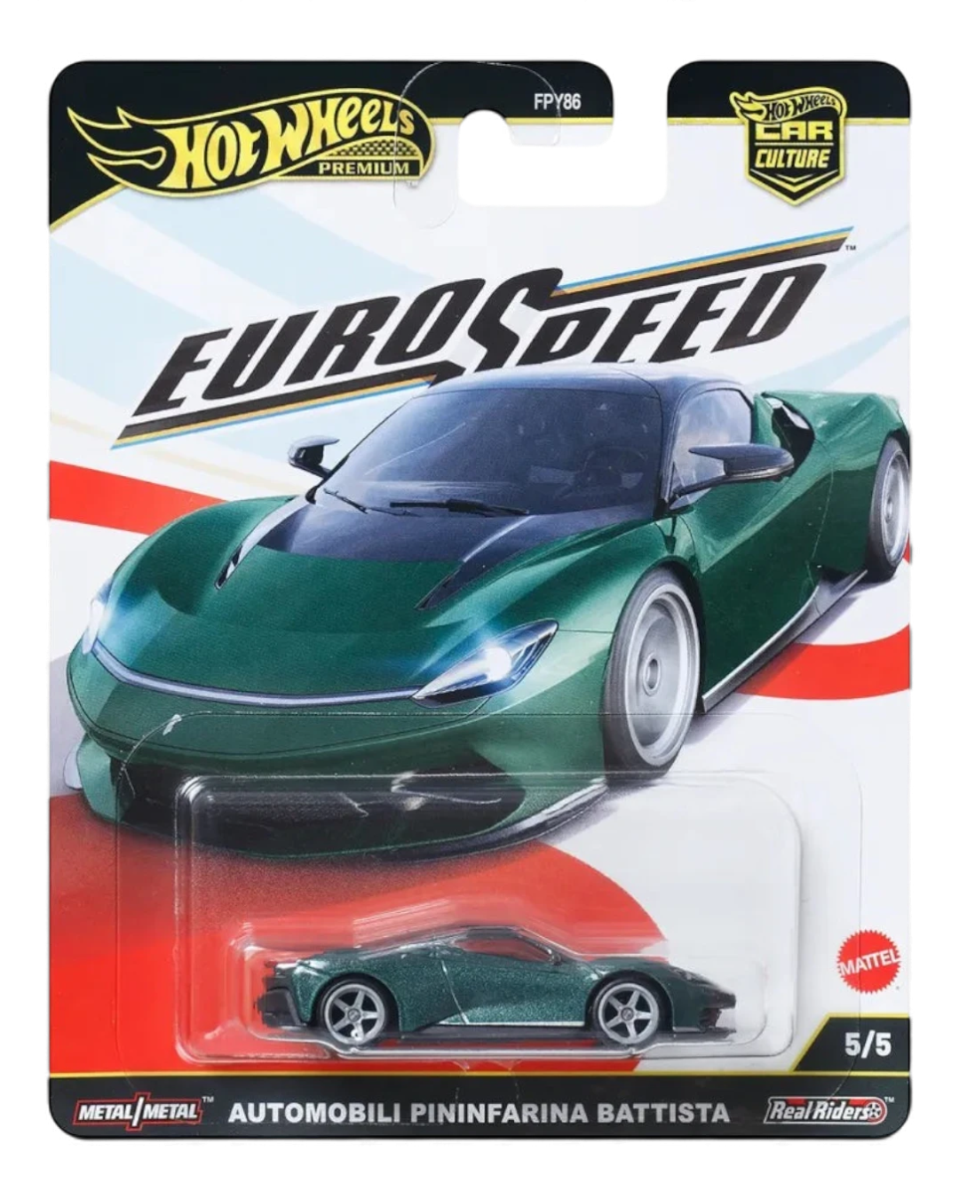 VaultifyUK Hot Wheels Premium Automobili Pininfarina Battista in metallic dark green with silver wheels on card.