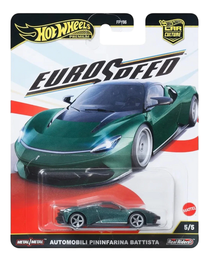 VaultifyUK Hot Wheels Premium Automobili Pininfarina Battista in metallic dark green with silver wheels on card.