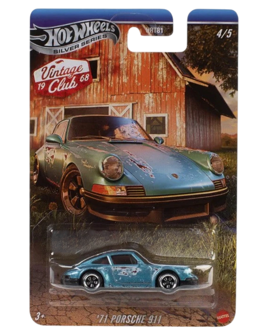 VaultifyUK Hot Wheels Silver Series 1971 Porsche 911 die-cast model car in blue with weathered finish on blister card