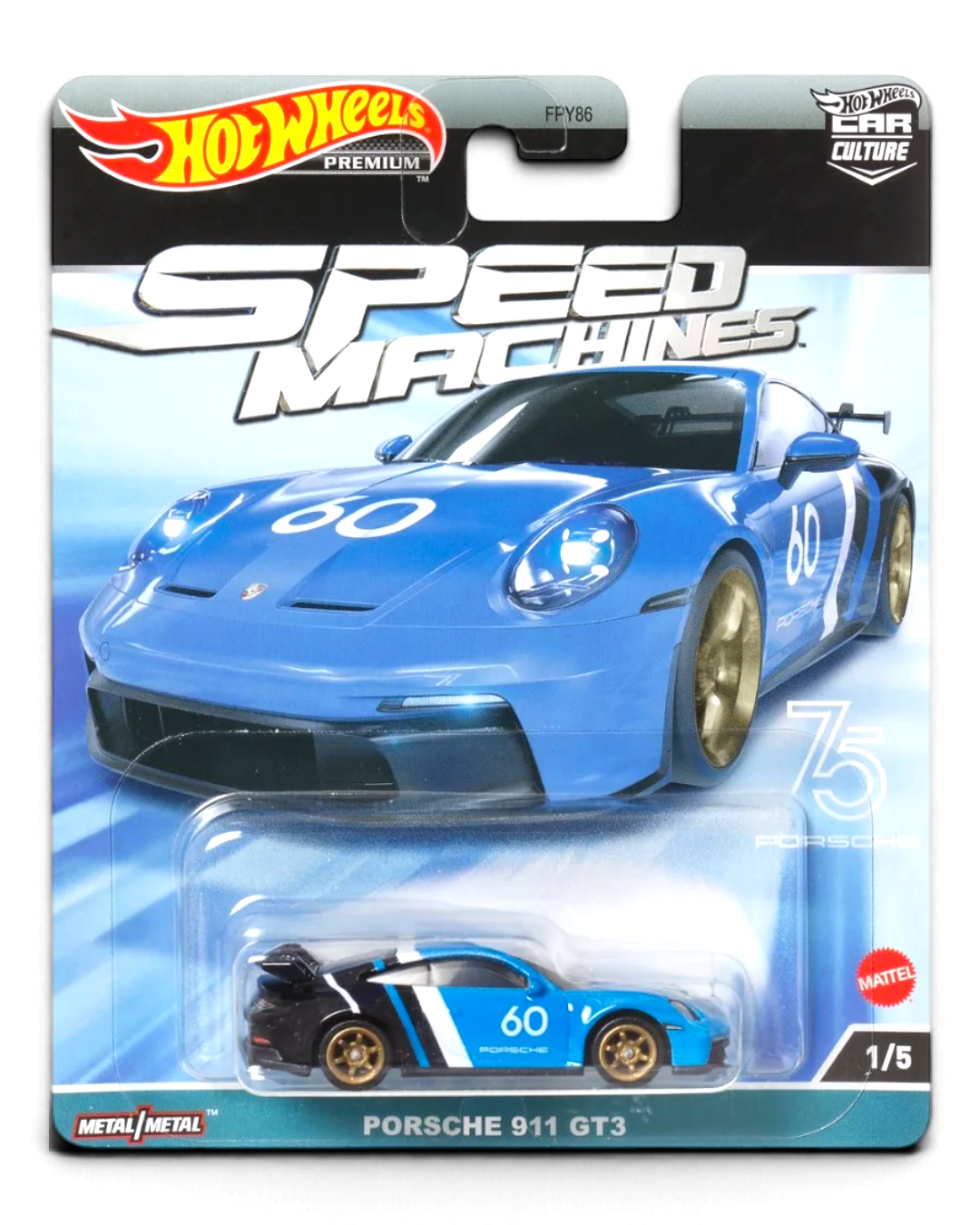 VaultifyUK Hot Wheels Premium Porsche 911 GT3 die-cast car in blue and black with gold wheels on blister card
