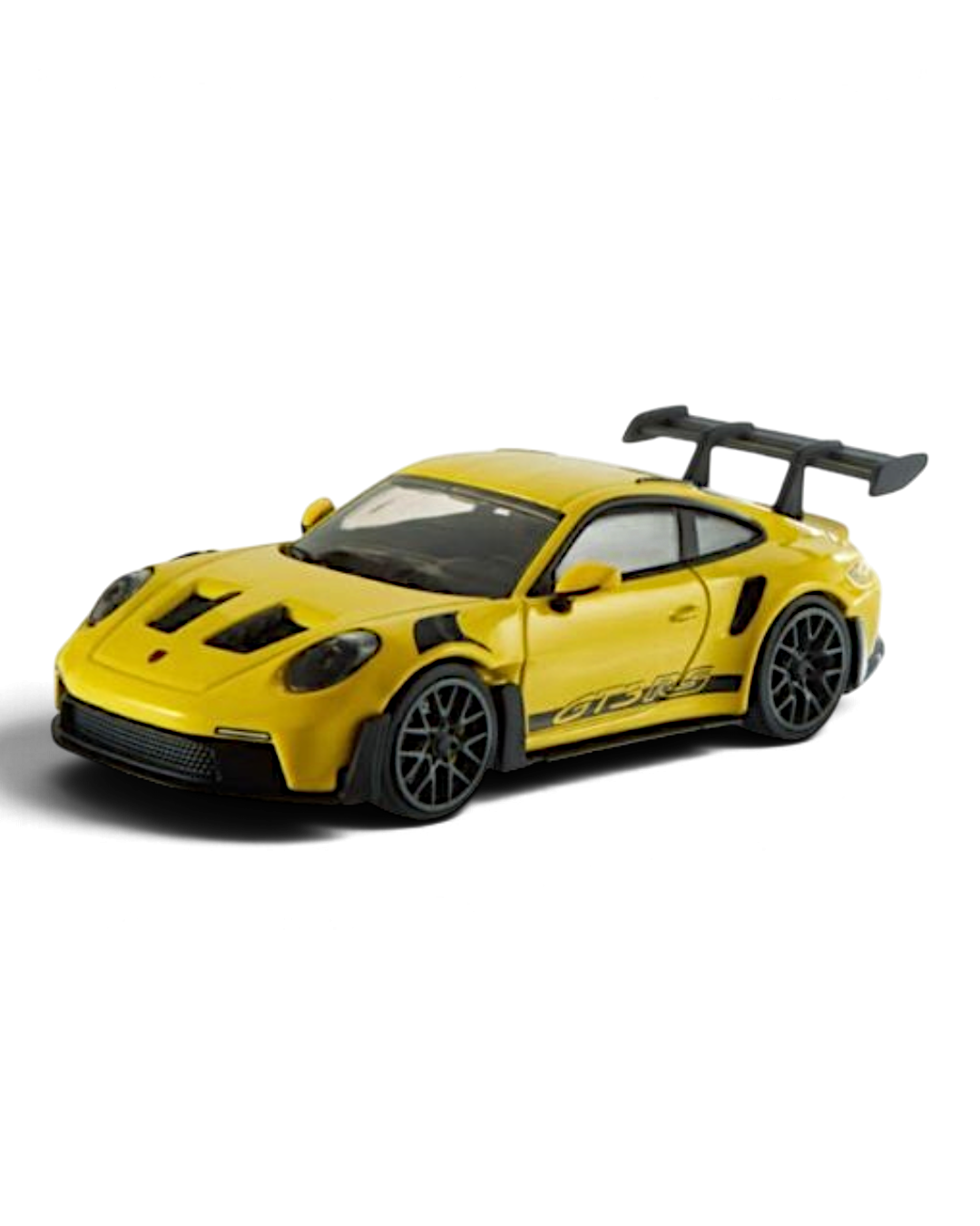 VaultifyUK Hot Wheels Premium Porsche 911 GT3 RS die-cast car in racing yellow with black wing and bonnet vents.