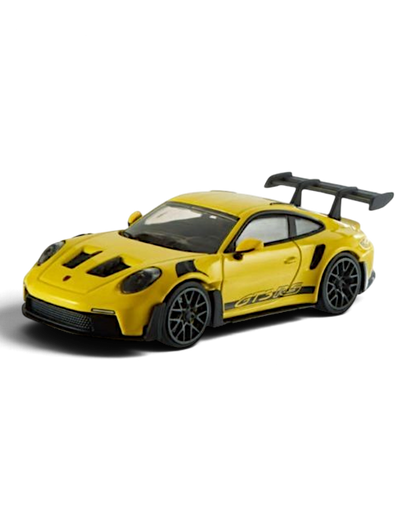 VaultifyUK Hot Wheels Premium Porsche 911 GT3 RS die-cast car in racing yellow with black wing and bonnet vents.