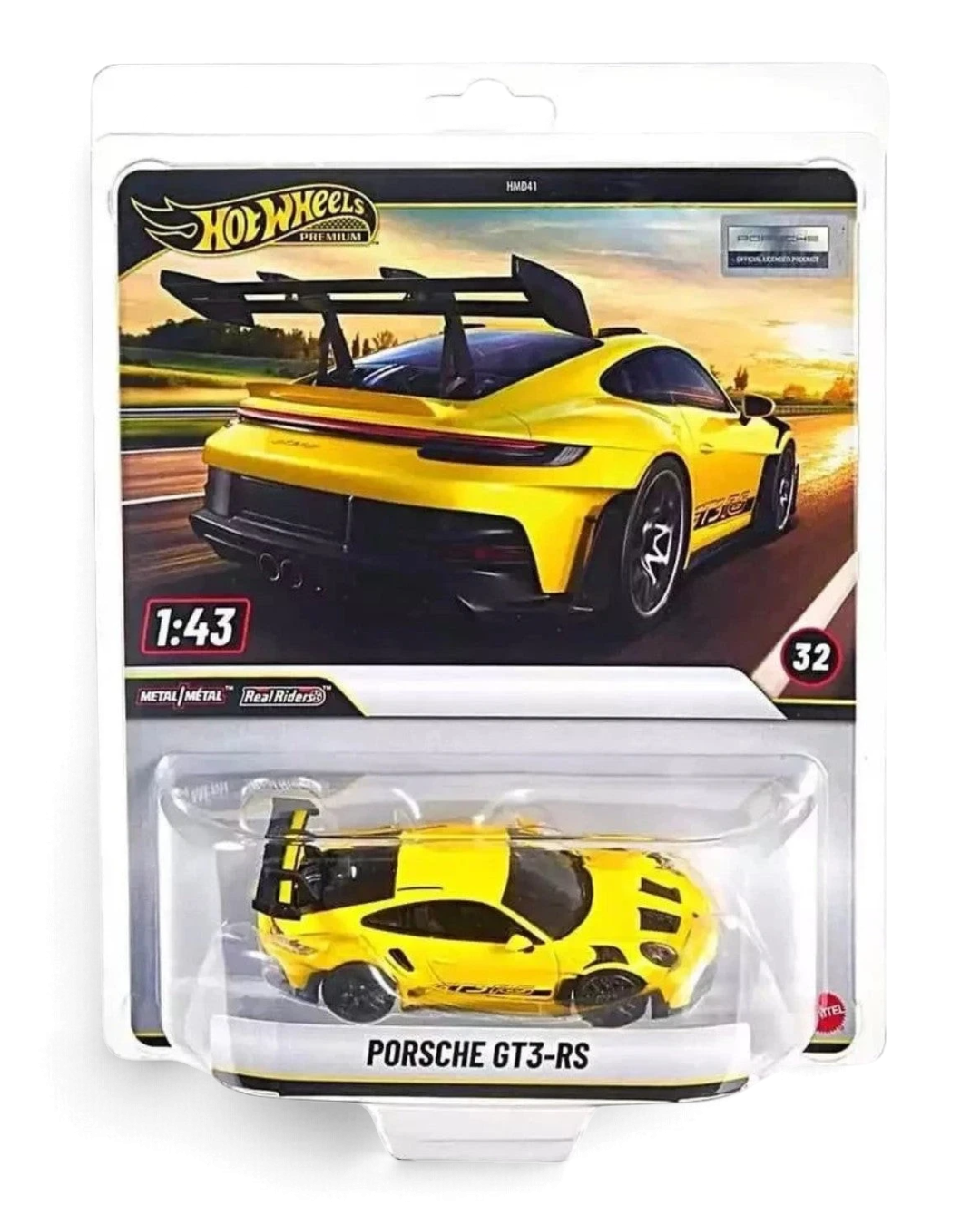 VaultifyUK Hot Wheels Premium 1:43 scale Porsche 911 GT3 RS die-cast car in racing yellow with black wing and details.