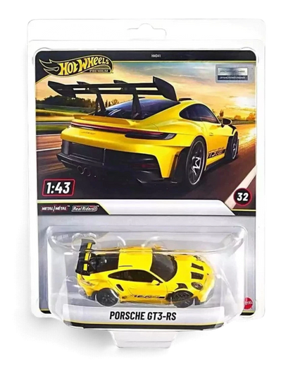 VaultifyUK Hot Wheels Premium 1:43 scale Porsche 911 GT3 RS die-cast car in racing yellow with black wing and details.