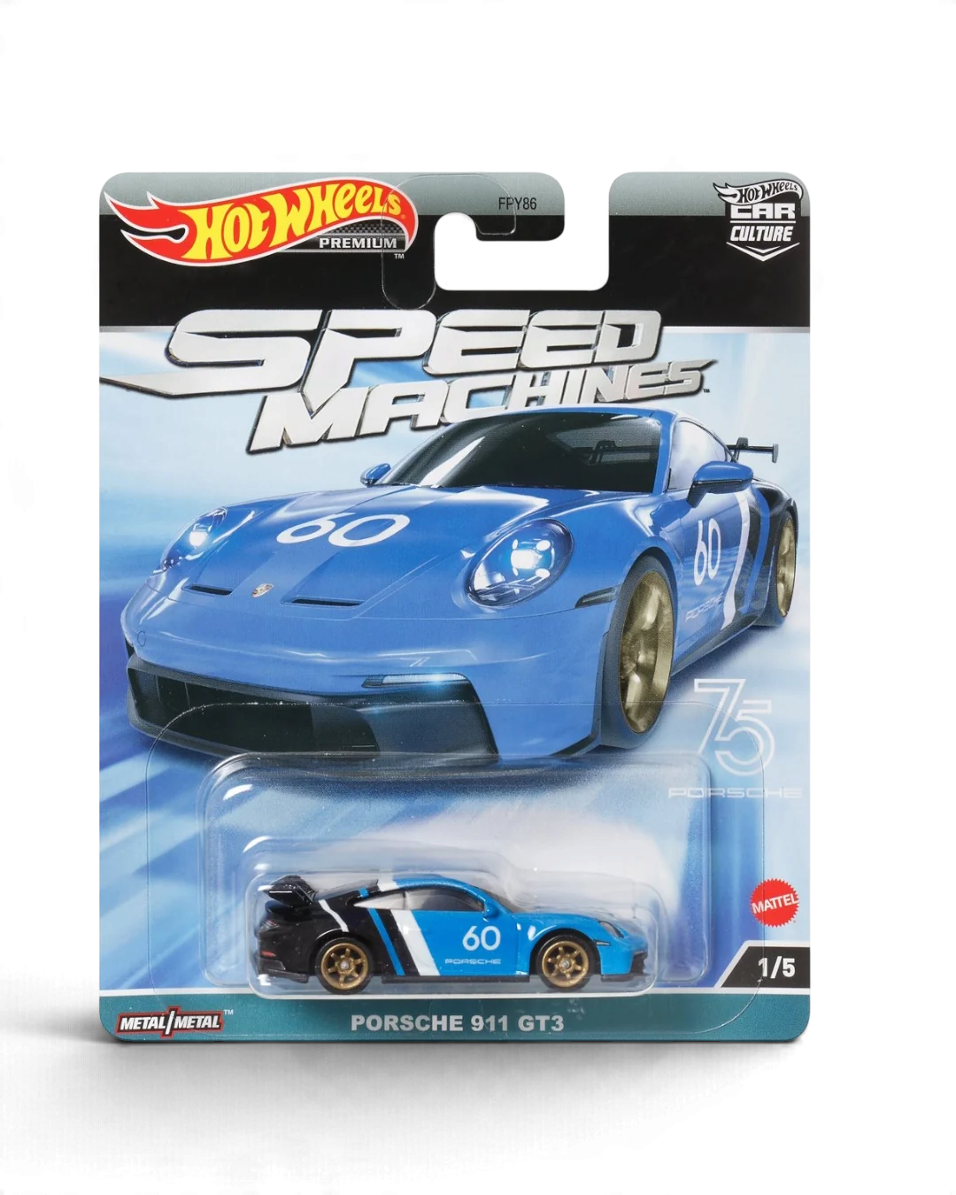 VaultifyUK Hot Wheels Premium Speed Machines Porsche 911 GT3 die-cast car in blue with gold wheels on blister card