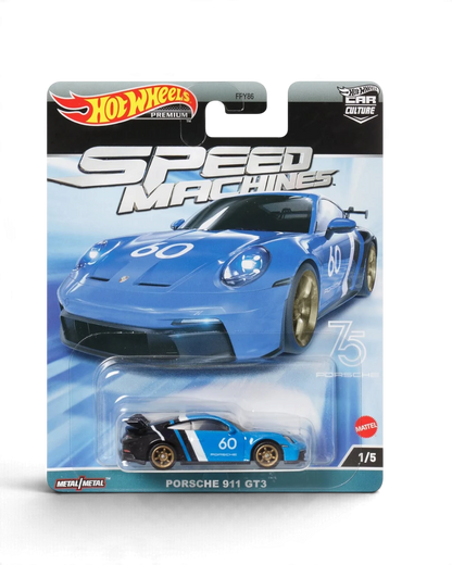 VaultifyUK Hot Wheels Premium Speed Machines Porsche 911 GT3 die-cast car in blue with gold wheels on blister card