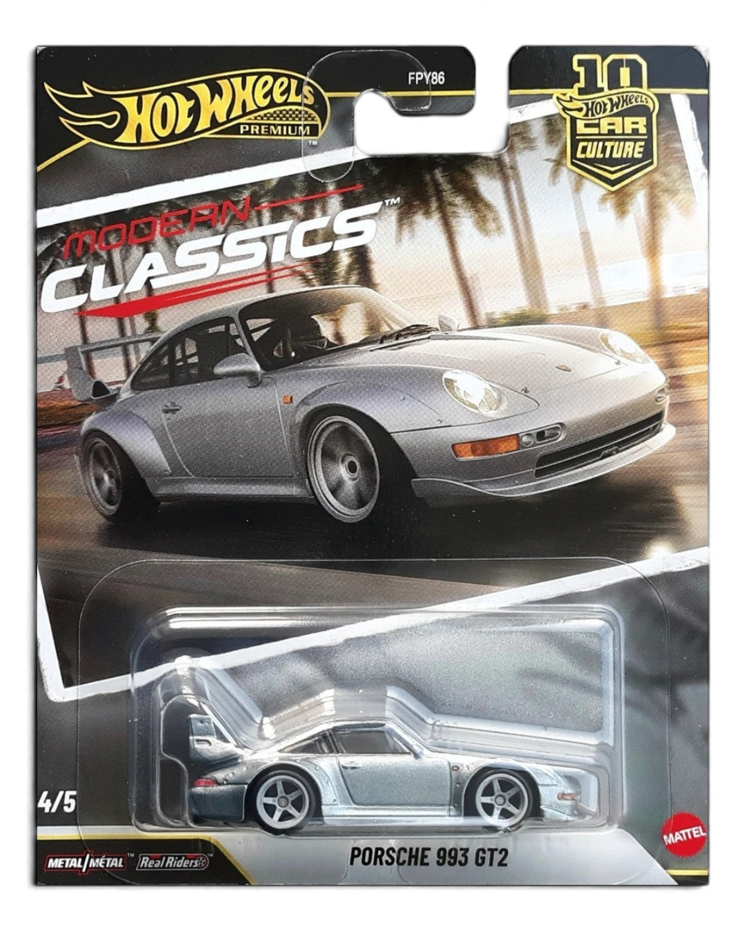 VaultifyUK Hot Wheels Premium Porsche 993 GT2 in silver with flared arches and rear wing on Modern Classics card